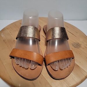 Joie A La Plage Women Leather Flat Sandal Cognac Gold  Sz 40 Made In Italy